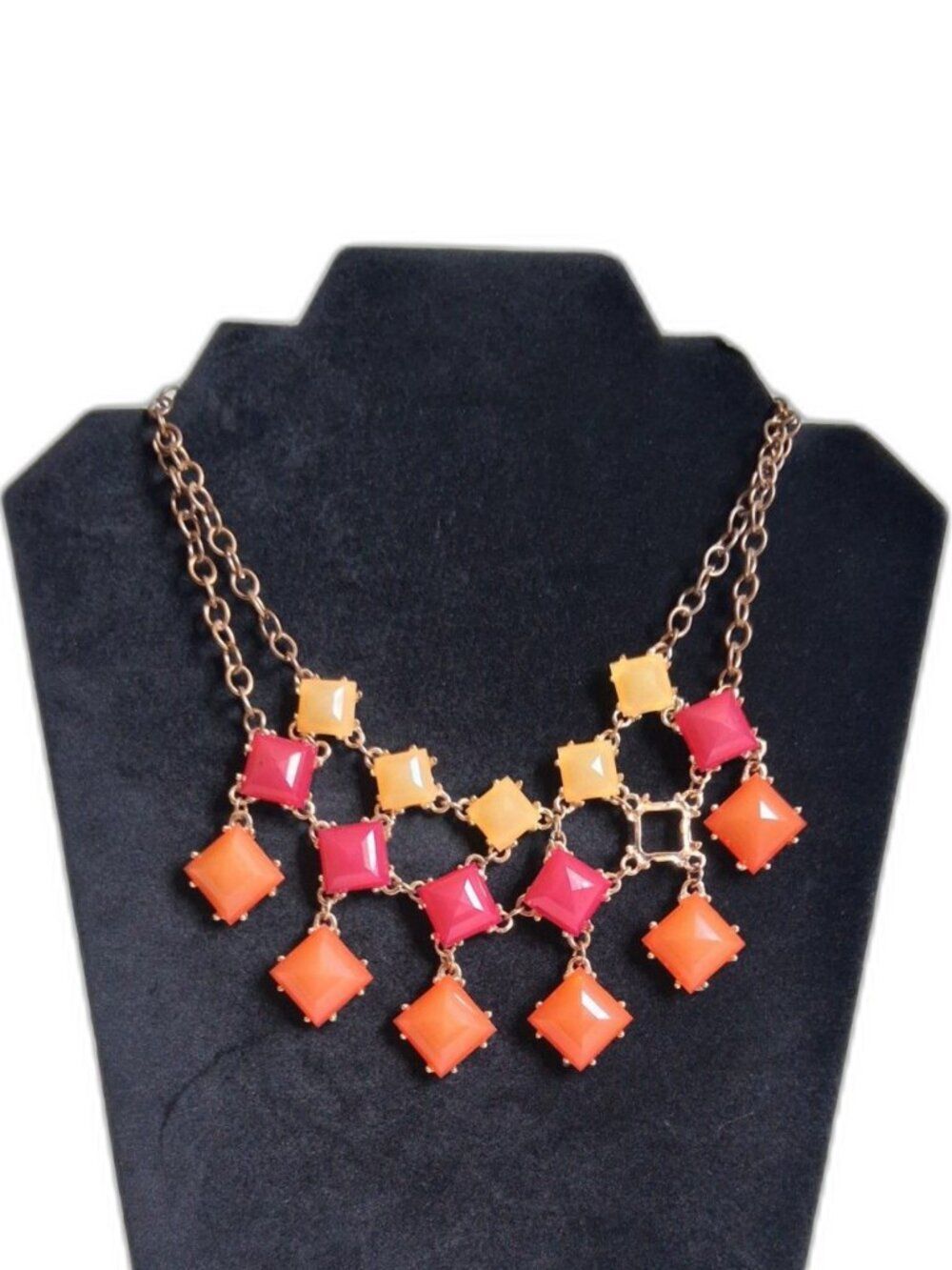 Multicolored Stones Gold Toned Cable Link Bib Style Statement Fashion Necklace